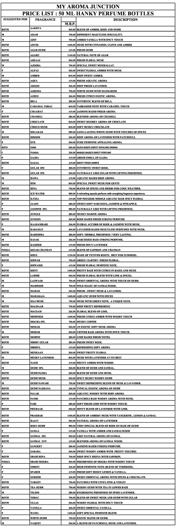 Product list with various items and their prices on a white background